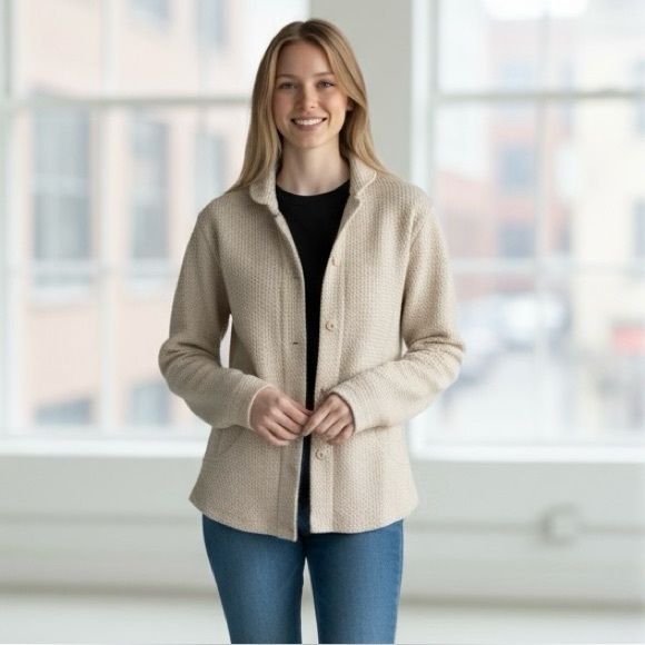 Eileen Fisher Tops - Eileen Fisher XS Beige Cream‎ Italian Cotton Waffle Organic Coastal Shirt USA